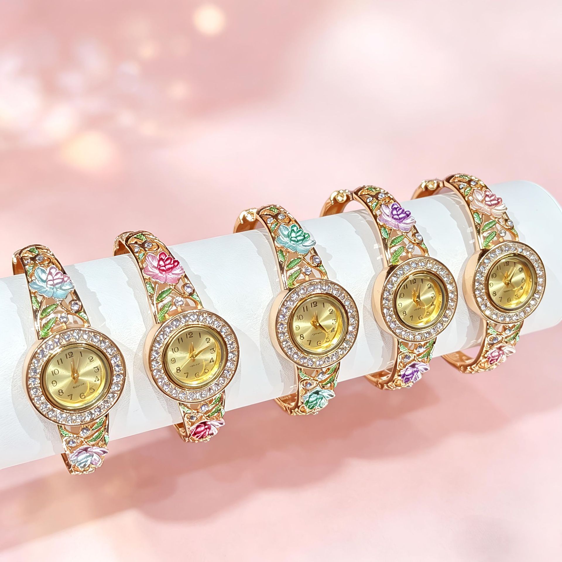 Jewelry Watches Vintage - 빈티지 골드 에나멜 플라워 여성용 손목시계,