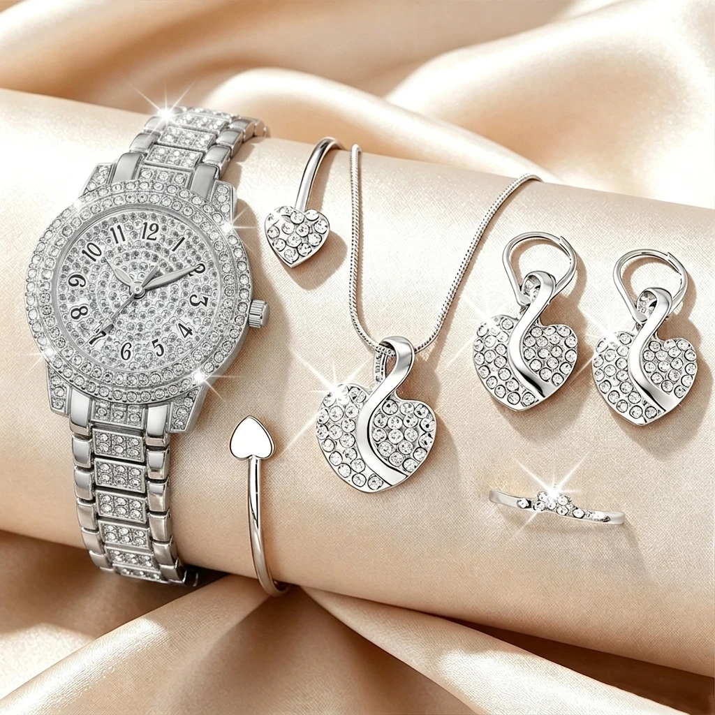 6종 패션 라인스톤 여성 시계 하트 쥬얼리 세트 고급  - Jewelry Watch Making 리뷰 및 가격